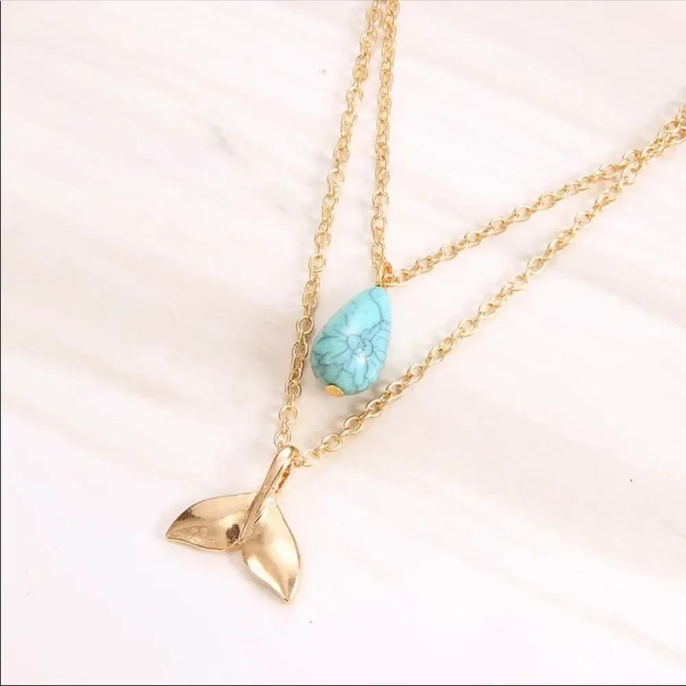 Francesca's Turquoise Whale’s Tale Gold Tiered Necklace Chain Dangle Necklace